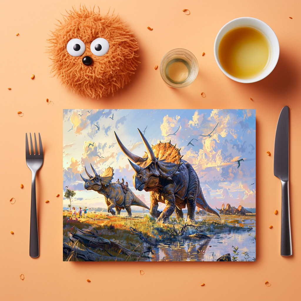 raxxa Premium-Tischset: Triceratops Dinosaurier mit Menschen unterwegs - Imagen 3