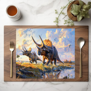 raxxa Premium-Tischset: Triceratops Dinosaurier mit Menschen unterwegs