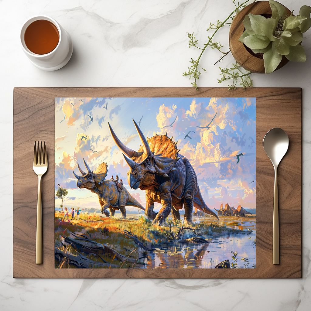 raxxa Premium-Tischset: Triceratops Dinosaurier mit Menschen unterwegs