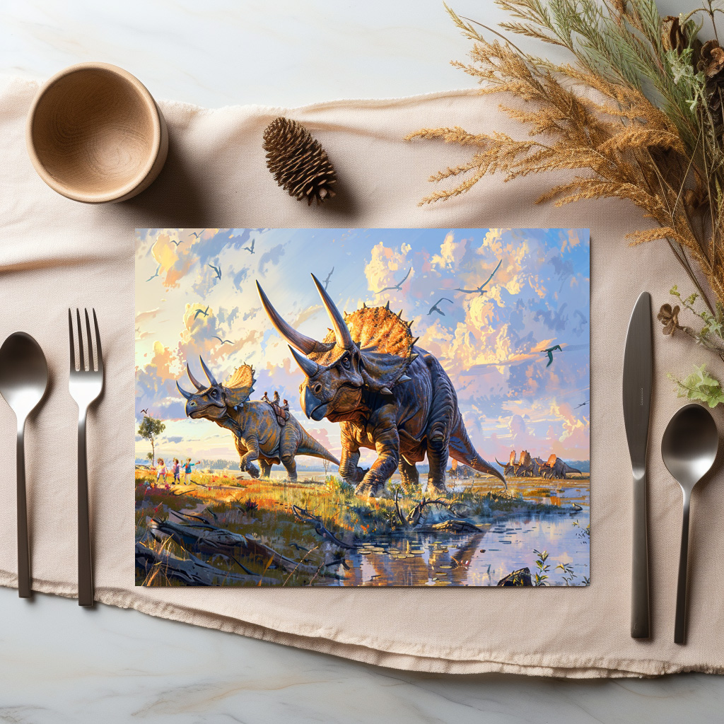 raxxa Premium-Tischset: Triceratops Dinosaurier mit Menschen unterwegs - Imagen 2