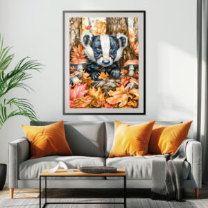 Poster: Little Badger in Autumn Leaves