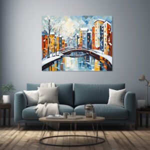 Poster: Cubist Cityscape with Snowy Canal