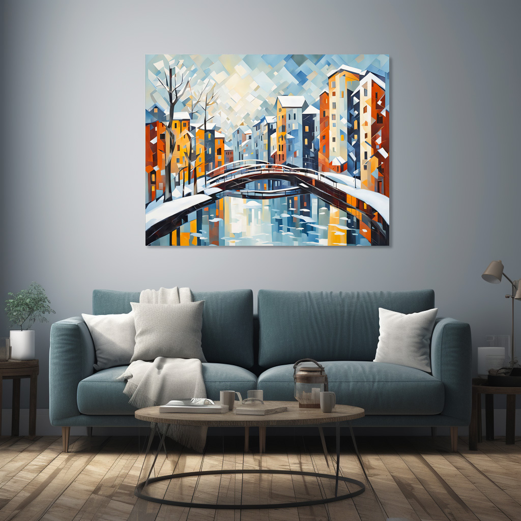 Poster: Cubist Cityscape with Snowy Canal