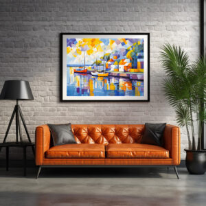 Poster: Cubist Mediterranean Town with Boats