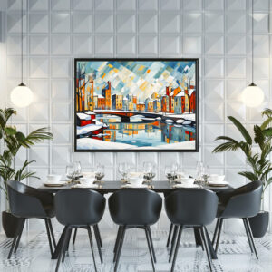 Poster: Cubist Snowy Bridge Over Reflected City