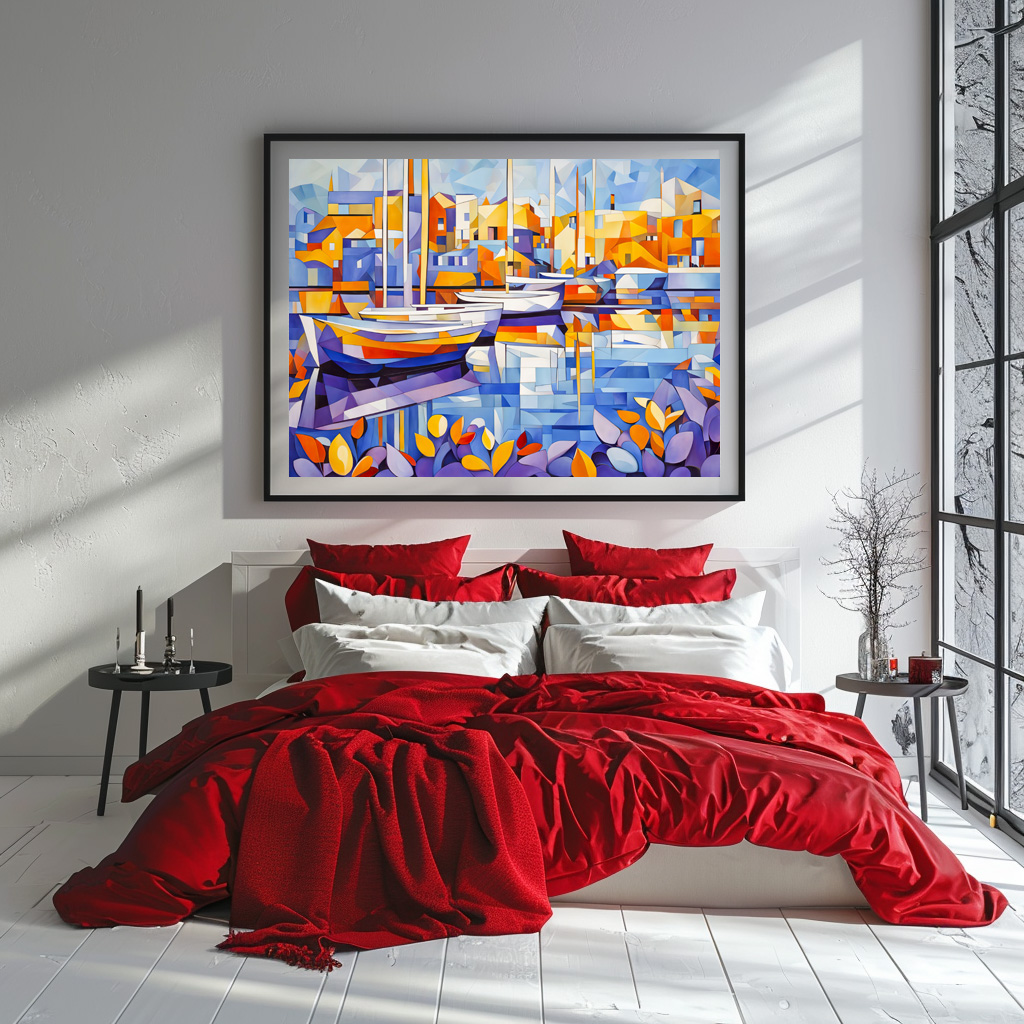Poster: Cubist Marina with Boats and Reflections