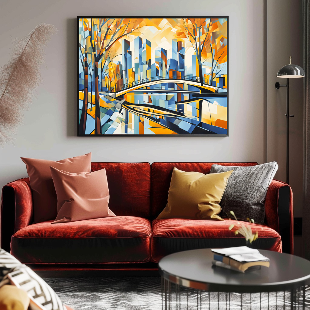 Poster: Cubist Snowy City with Canal Bridges