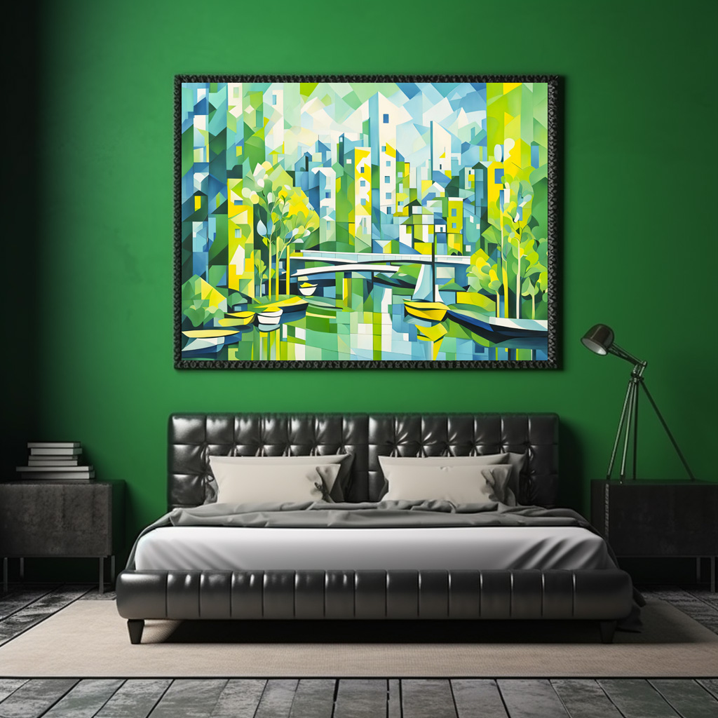 Poster: Cubist Green City with Bridge