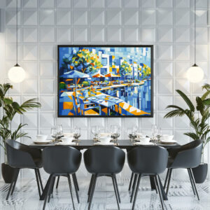 Poster: Cubist Autumn Bridge in Cityscape