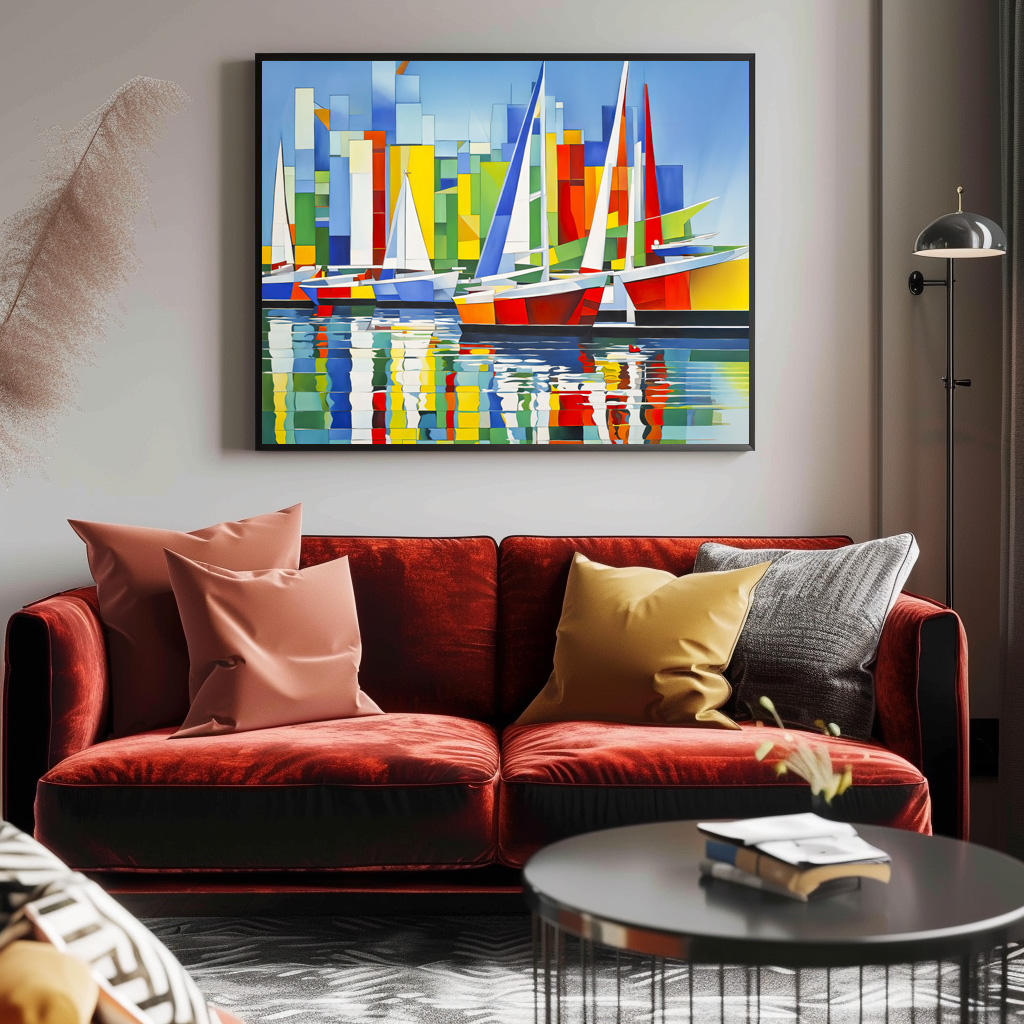 Poster: Cubist Sailboats in Colorful Harbor - immagine 2