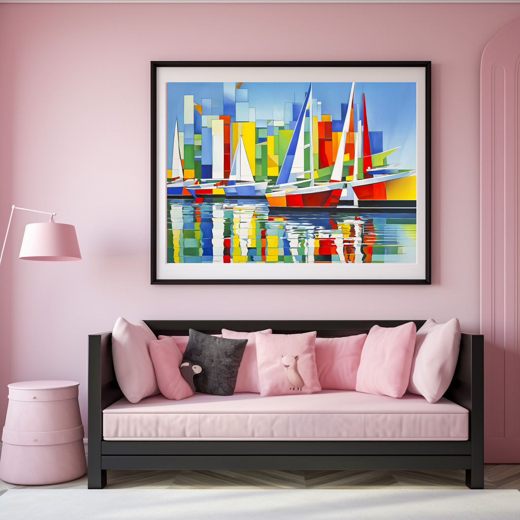 Poster: Cubist Sailboats in Colorful Harbor