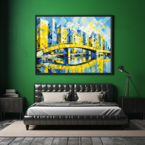 Poster: Cubist Yellow Bridge Over River
