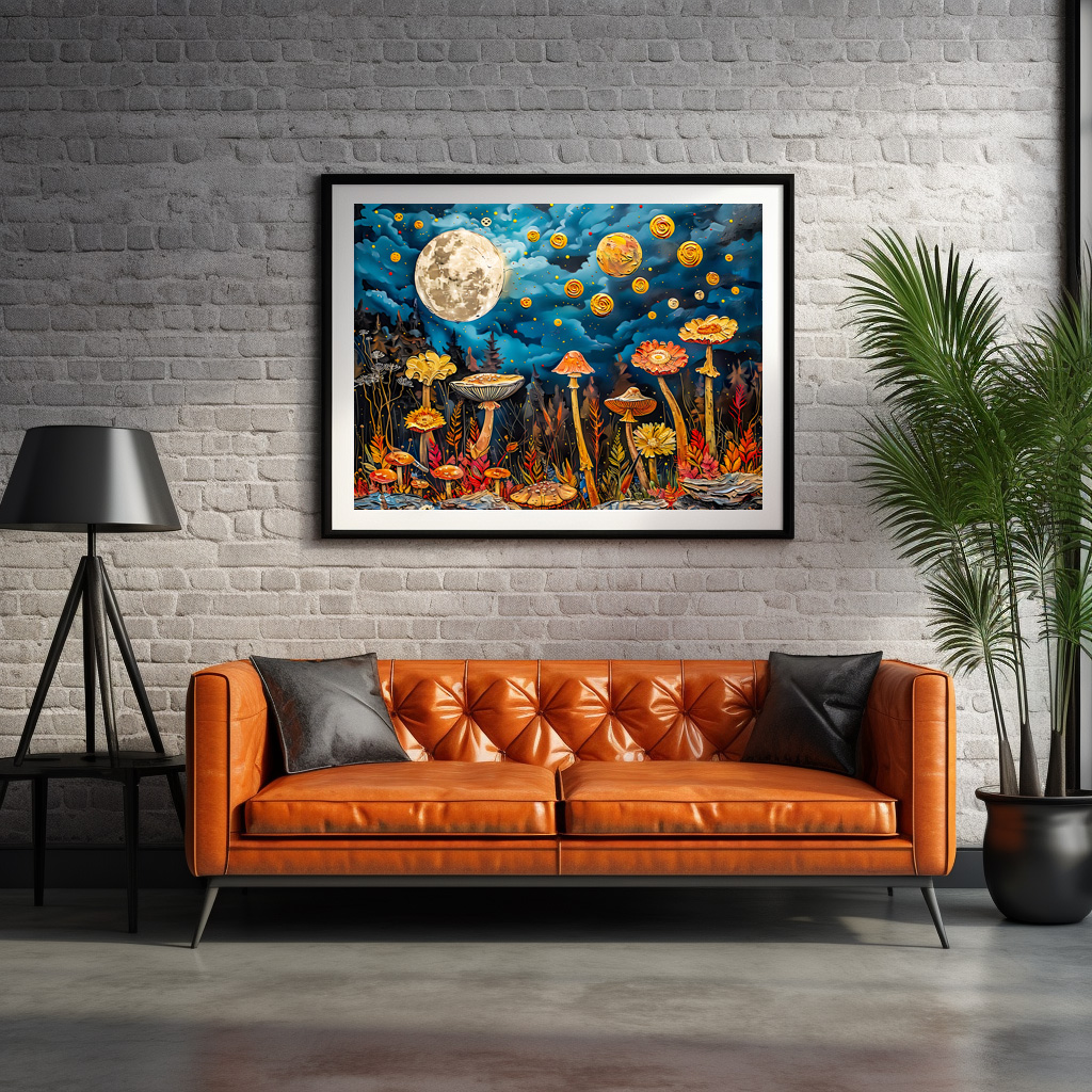 Poster: Abstract watercolor illustration of full moon over meadow with mushrooms