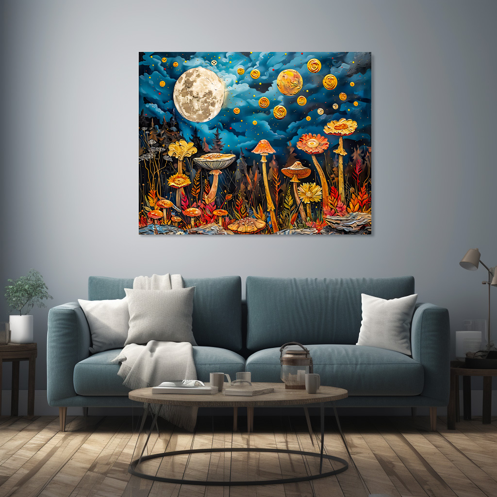 Poster: Abstract watercolor illustration of full moon over meadow with mushrooms – Bild 3