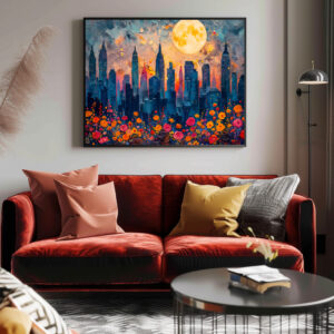 Poster: Abstract watercolor illustration of full moon over city skyline