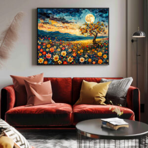 Poster: Abstract watercolor illustration of full moon over wildflower meadow