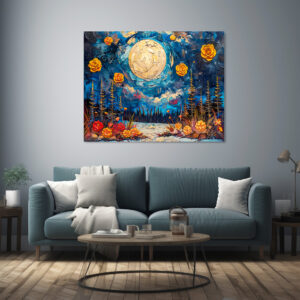 Poster: Abstract watercolor illustration of full moon over forest and lake