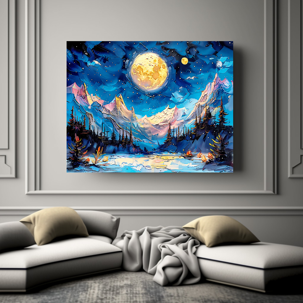Poster: Abstract watercolor illustration of full moon over snowy mountains – Bild 2