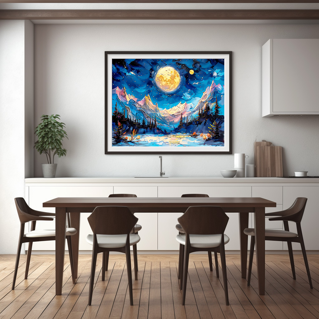 Poster: Abstract watercolor illustration of full moon over snowy mountains
