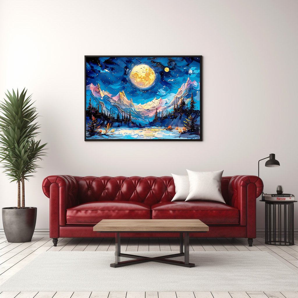 Poster: Abstract watercolor illustration of full moon over snowy mountains – Bild 3