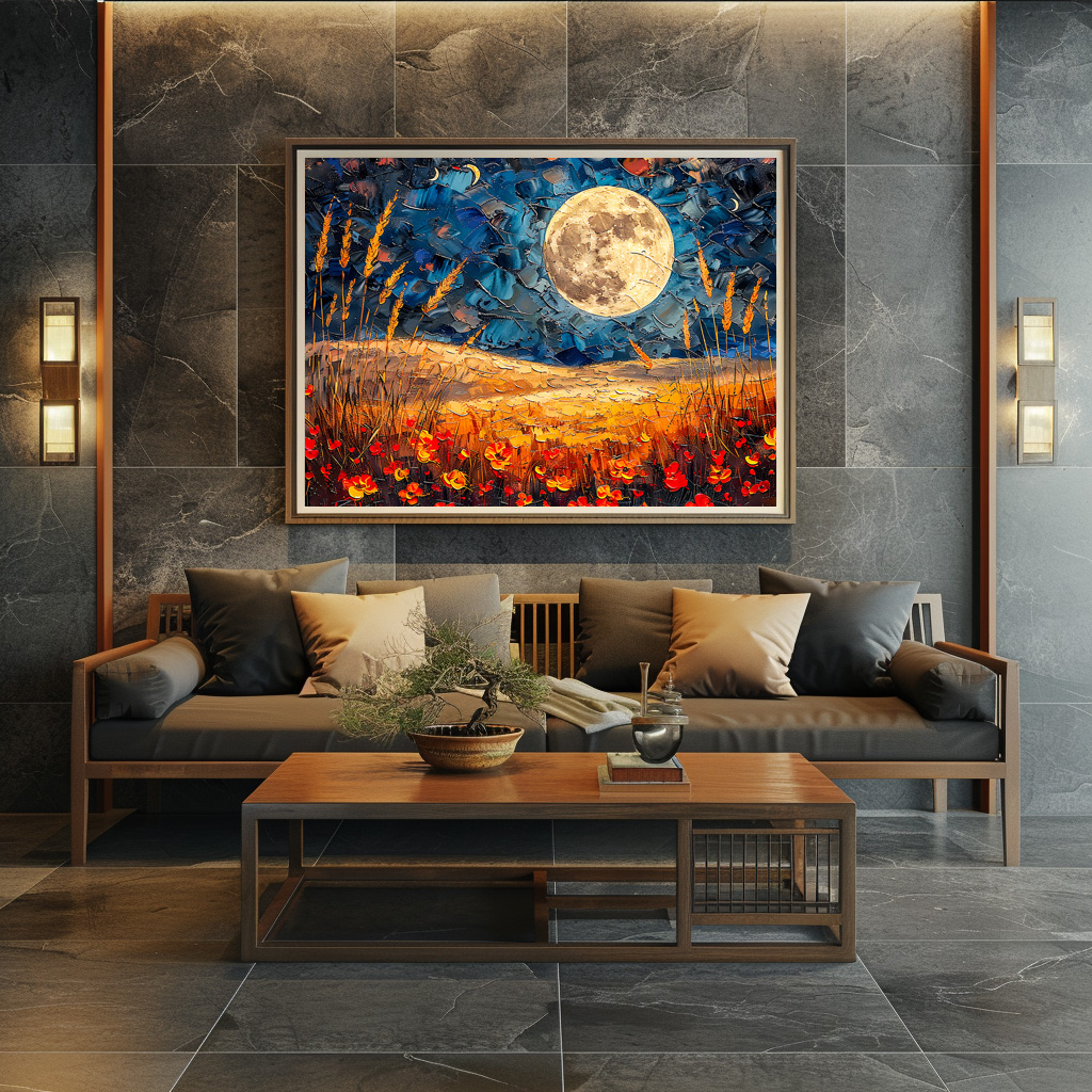 Poster: Abstract watercolor illustration of full moon over grassy field – Image 3