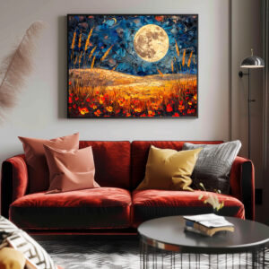Poster: Abstract watercolor illustration of full moon over grassy field