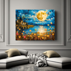 Poster: Abstract watercolor illustration of full moon reflection in lake