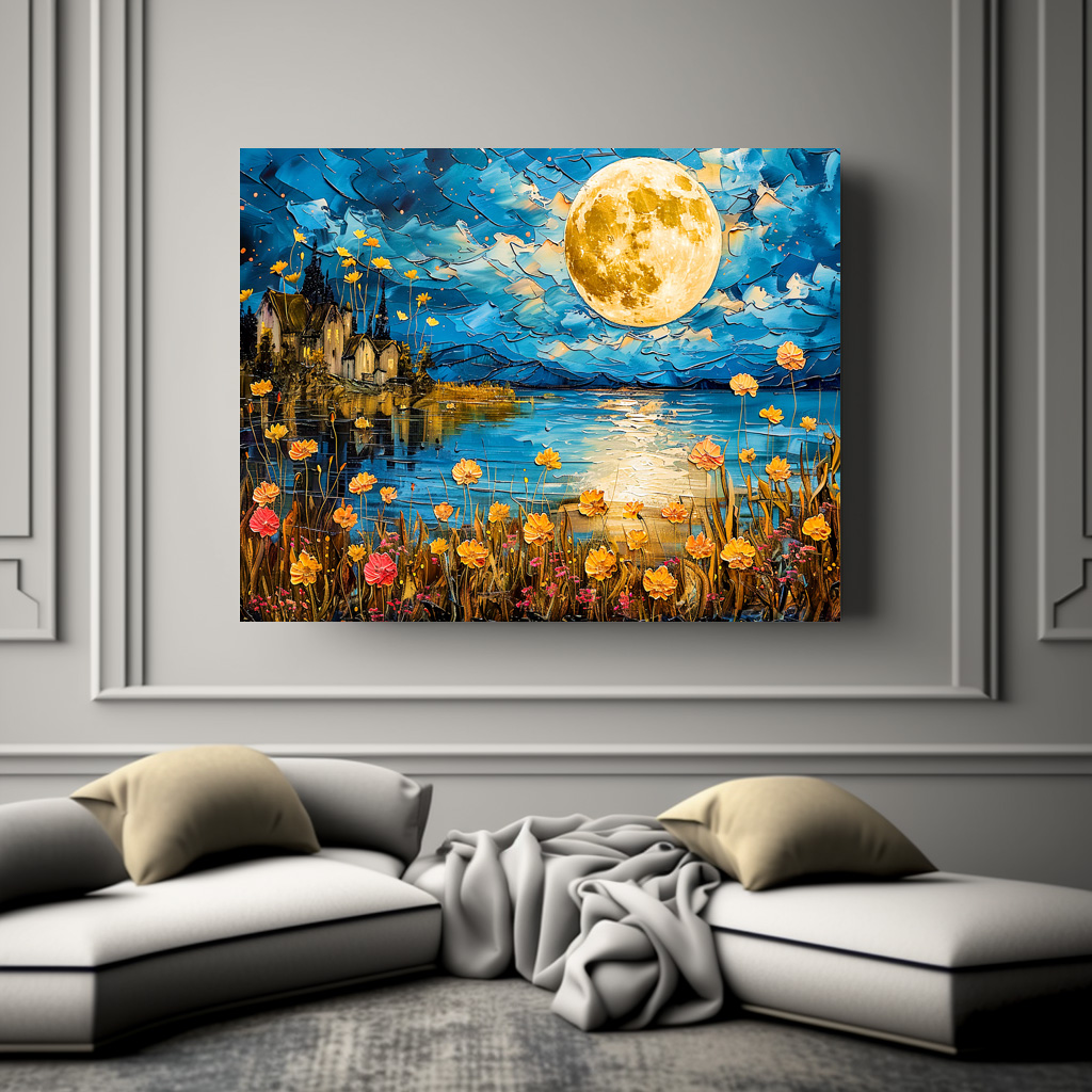 Poster: Abstract watercolor illustration of full moon reflection in lake