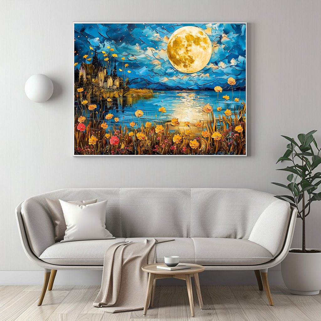 Poster: Abstract watercolor illustration of full moon reflection in lake – Image 2