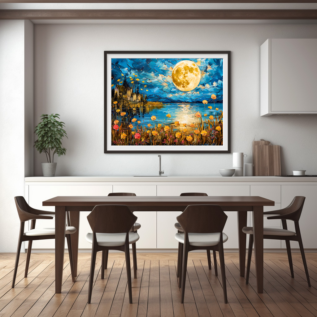 Poster: Abstract watercolor illustration of full moon reflection in lake – Image 3