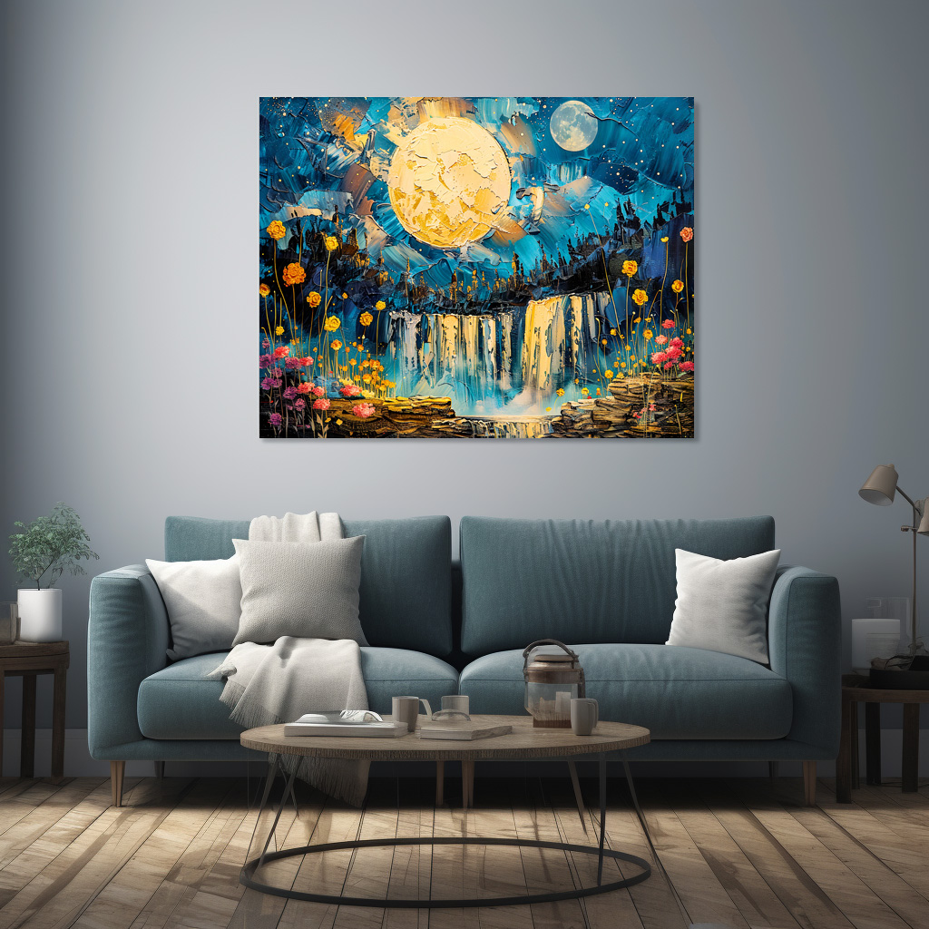 Poster: Abstract watercolor illustration of full moon over waterfall - Image 2