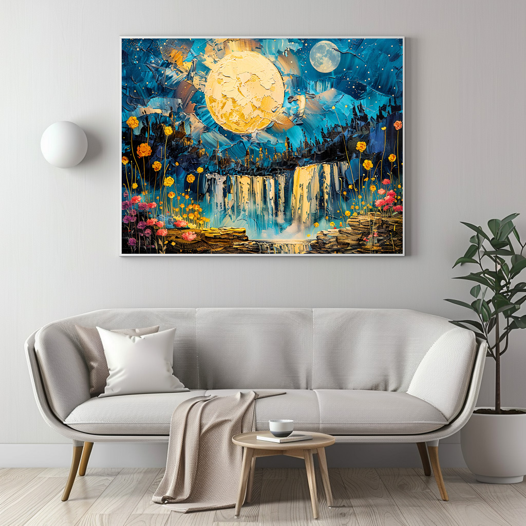 Poster: Abstract watercolor illustration of full moon over waterfall - Image 3
