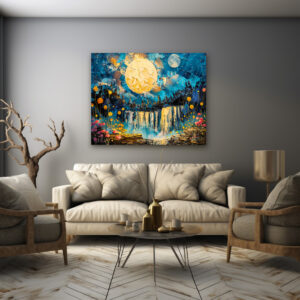 Poster: Abstract watercolor illustration of full moon over waterfall