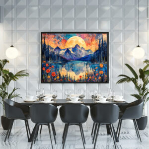 Poster: Abstract watercolor illustration of full moon over snowy mountains and lake