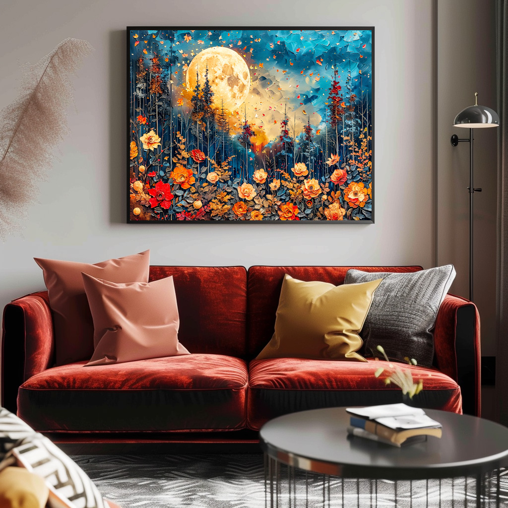 Poster: Abstract watercolor illustration of full moon over forest