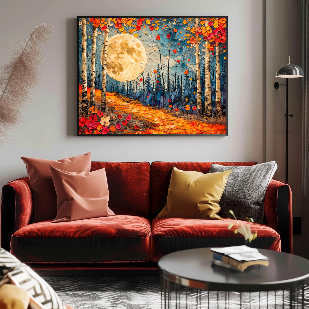 Poster: Abstract watercolor illustration of full moon over autumn forest