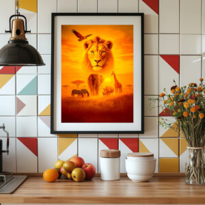 Poster: Double Exposure African Wildlife Scene with Lion and Elephants
