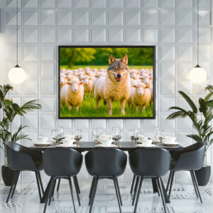 Poster: Wolf Disguised Among Sheep in Meadow