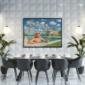 Poster: Rich Woman Watches Flying Cows from Pool