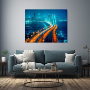 Poster: City at Night, Illuminated Bridge Over River