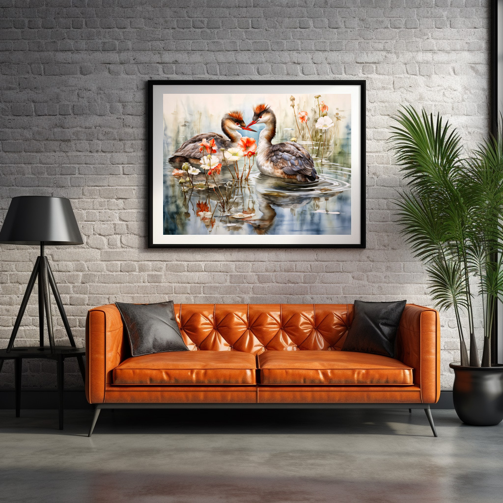 Poster: Two grebes among white pond plants - immagine 2