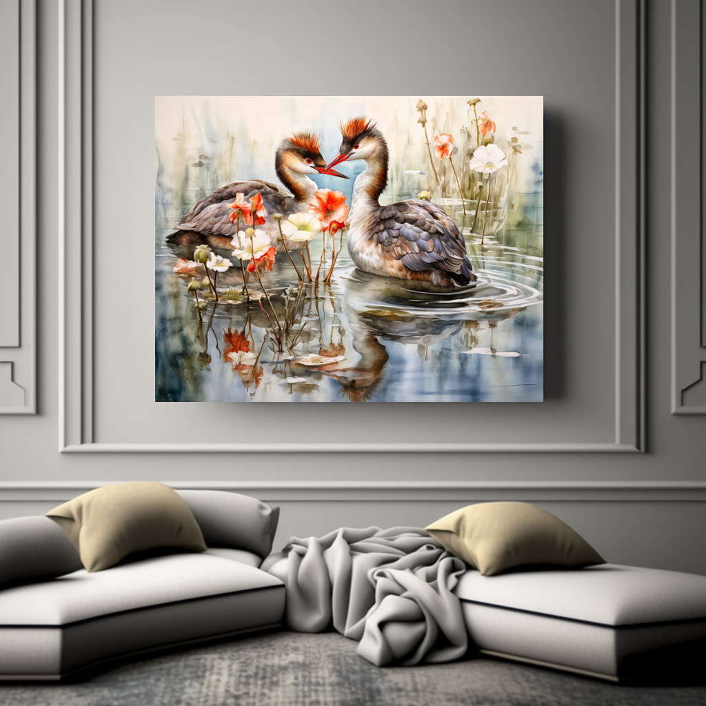 Poster: Two grebes among white pond plants - immagine 3