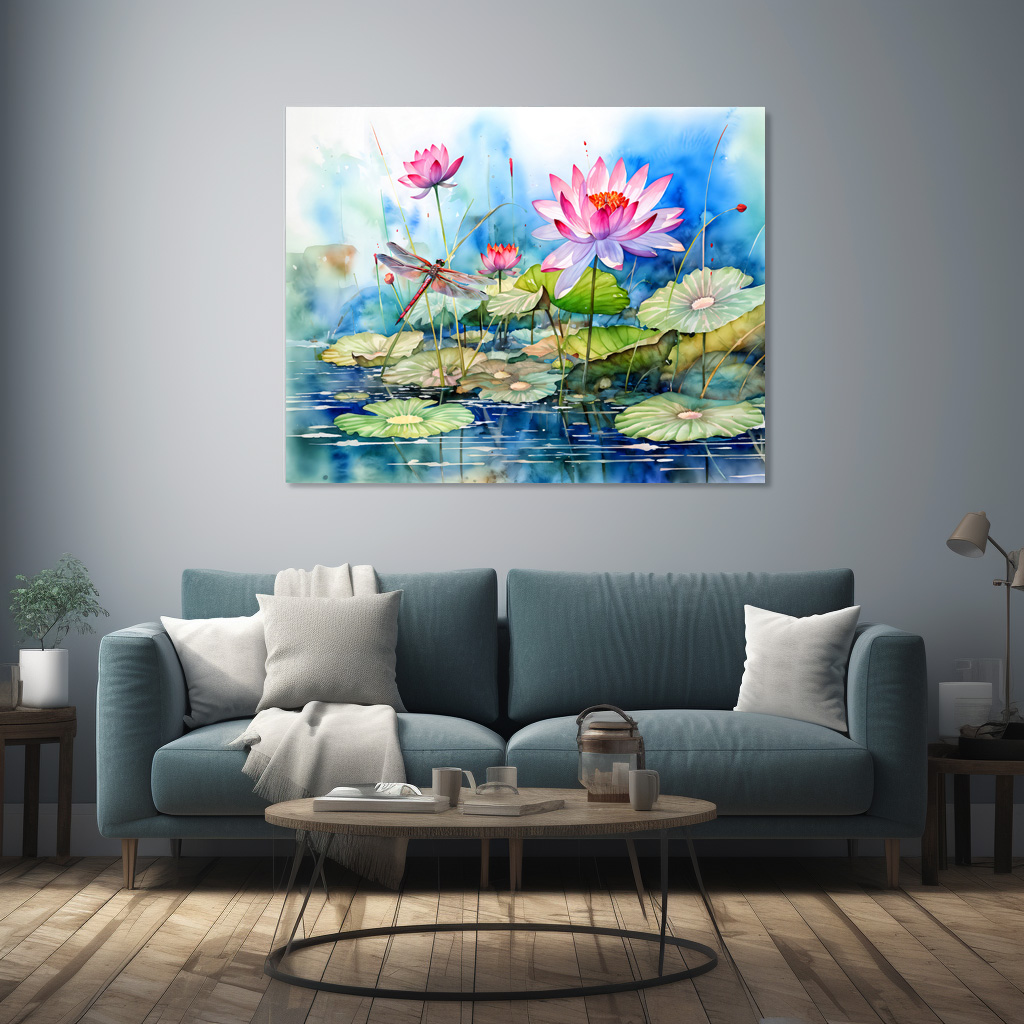 Poster: Dragonfly flying through pink water lilies – Bild 2
