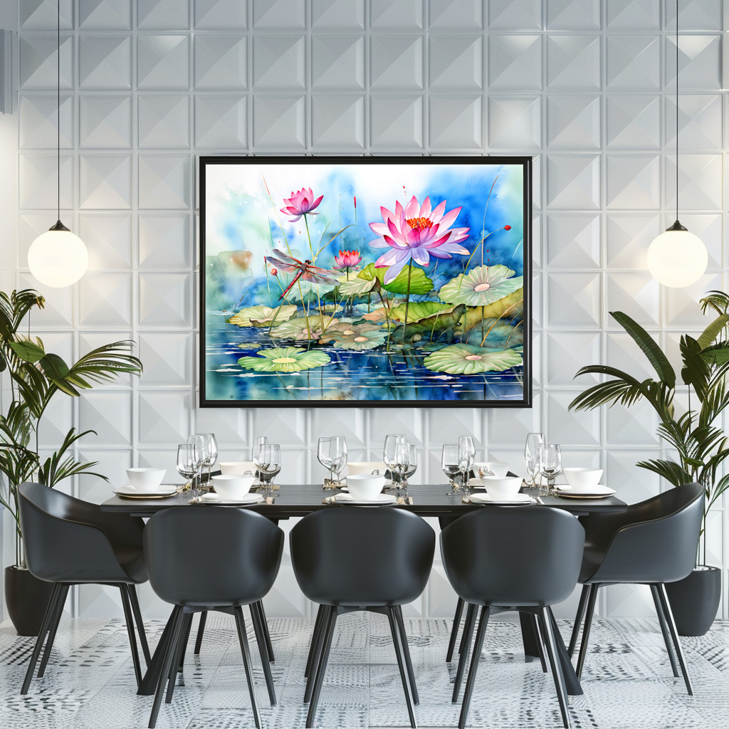 Poster: Dragonfly flying through pink water lilies – Bild 3