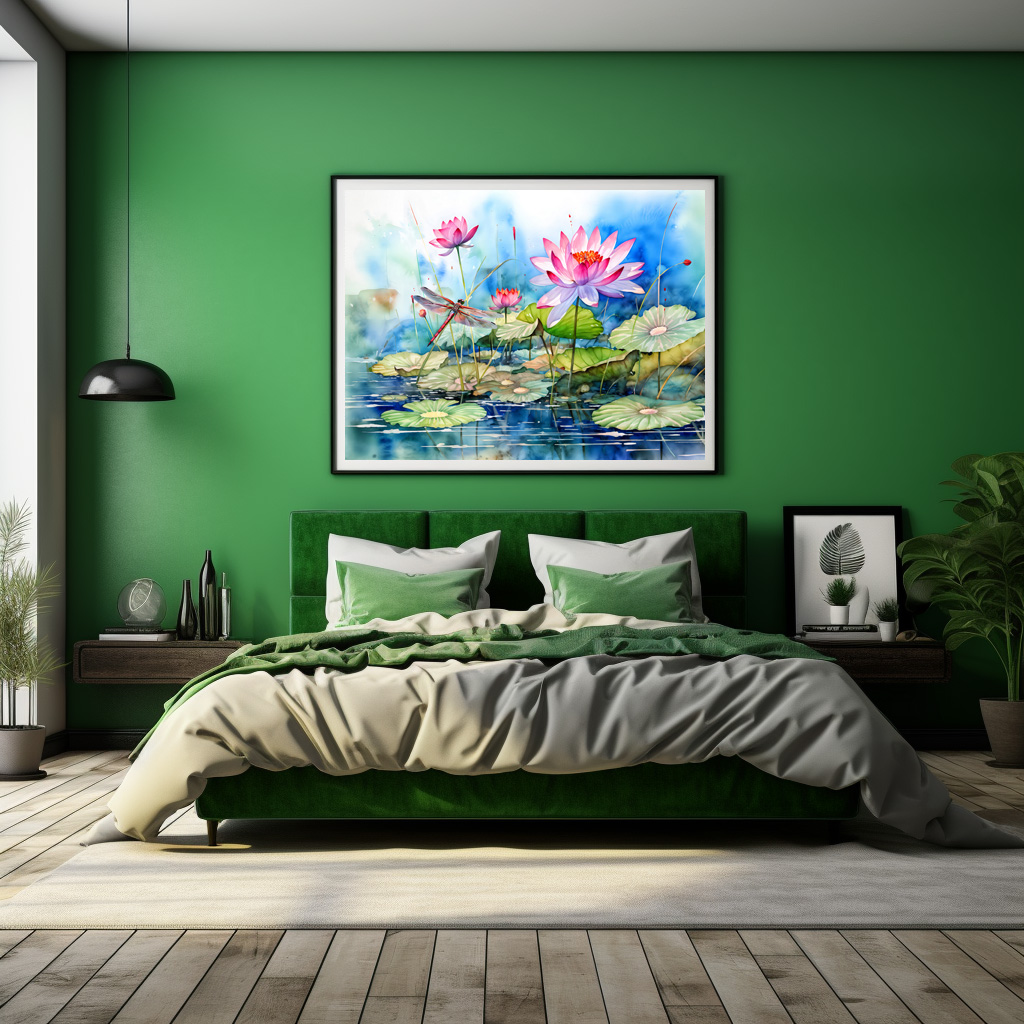 Poster: Dragonfly flying through pink water lilies