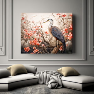 Poster: Heron in red foliage pond illustration