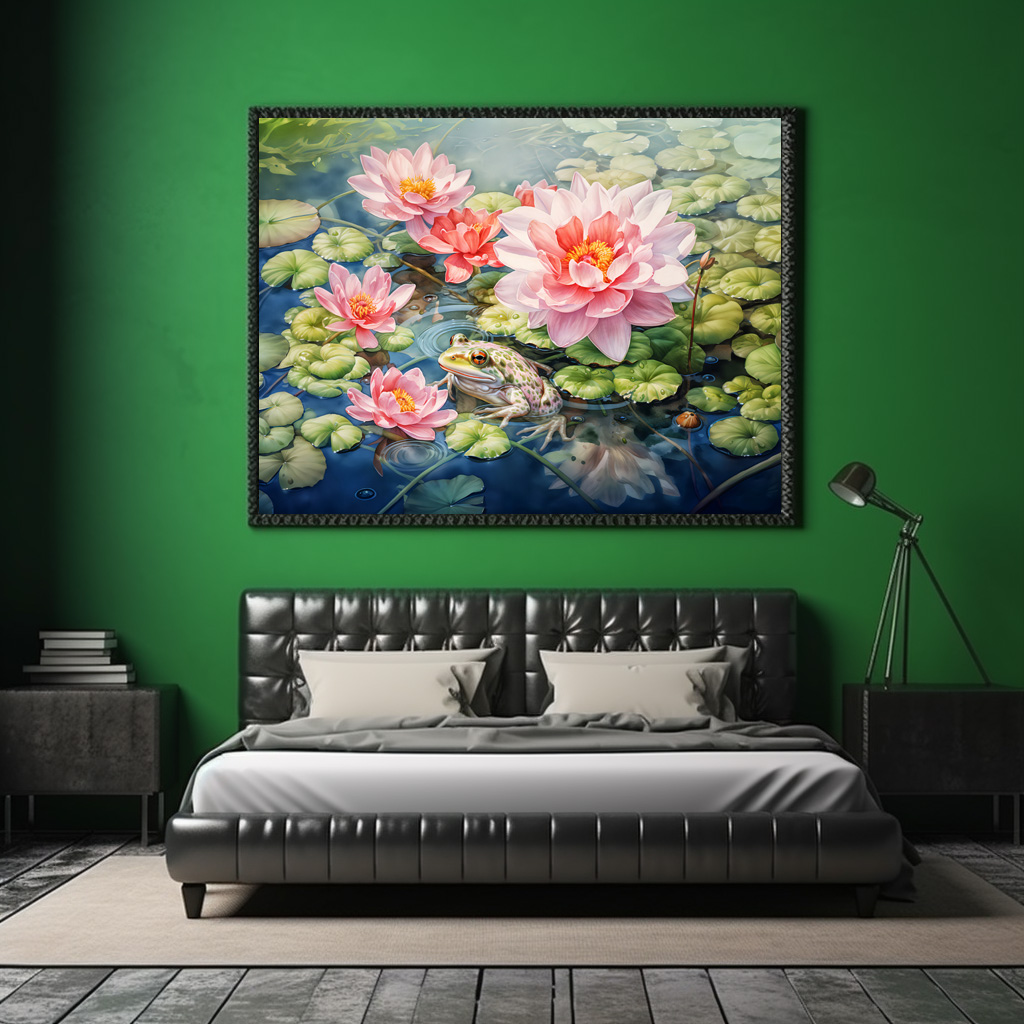 Poster: Frog sitting among blooming water lilies