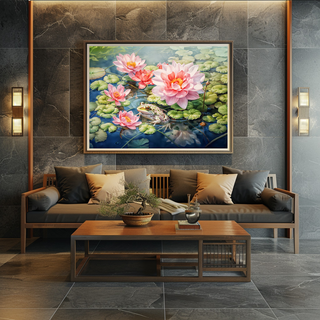 Poster: Frog sitting among blooming water lilies – Bild 2
