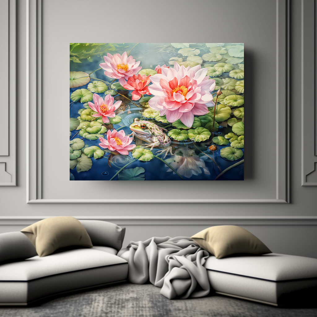 Poster: Frog sitting among blooming water lilies – Bild 3