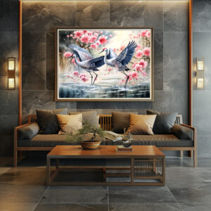 Poster: Cranes in water with floral reflections